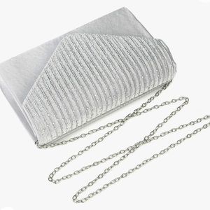 Satin Envelope Evening Bag Clutch Shoulder Crossbody Silver Rhinestones